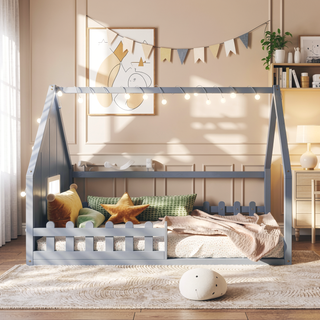 Sunvega Full Size Wood House Bed with Fence Window and LED Lights