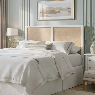 Sunvega White Painted Cane Panel Coastal Queen Full Headboard with Adjustable Height