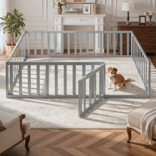 Sunvega Twin Size Wood Floor Bed Frame with Fence and Door in Walnut Finish