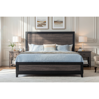 Sunvega Two-Tone Dark Gray and Black Queen Size Bed with Wood Inlay