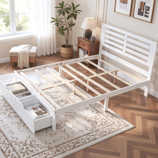 Sunvega White Full Size Platform Bed with Drawers for Extra Storage