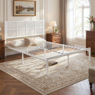 Sunvega White Faux Cane Panel Headboard King Platform Bed with Metal Frame
