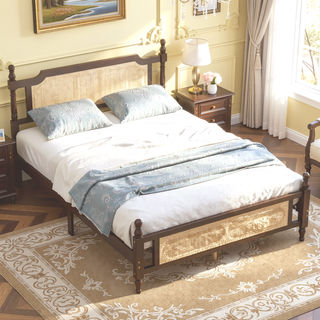 Sunvega Queen Pine Wooden Bed with Rattan Headboard and Footboard for Bedroom