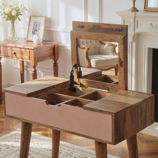 Sunvega Solid Mango Wood Dressing Table with Blush Pink Drawer and Foldable Mirror