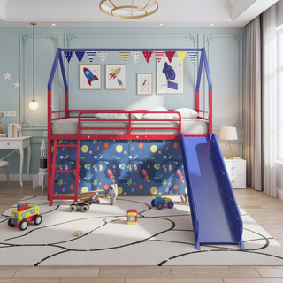 Sunvega Marvel Superhero Metal Twin Loft Bed with Slide and Curtain Set