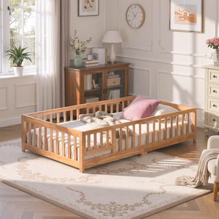 Sunvega Full Size Pine Wood Floor Bed with Safety Guardrails and Door