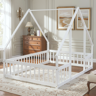 Sunvega Twin Wood House Floor Bed with Guardrail Fence in Grey