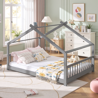 Sunvega Full Size Playhouse Wood Bed with Roof for Kids Room Fun Sleeping Space