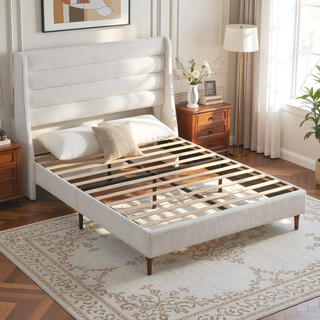 Sunvega Upholstered Queen Size Bed Frame with Wave - Shaped Headboard Premium Chenille Fabric