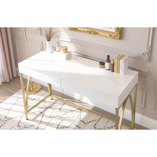 Sunvega White High Gloss Vanity Desk with Gold Finish and 2 Storage Drawers