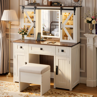 Sunvega Makeup Vanity with Sliding Mirror, LED Lights, Storage Stool, and Charging Station