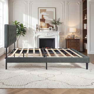 Sunvega Modern Upholstered Platform Bed Frame with Button Tufted Linen Headboard