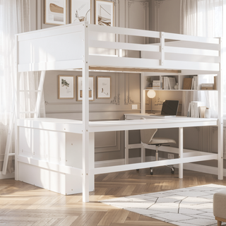 Sunvega Sturdy Pine Wood Loft Bed with Bookshelves and Desk for Small Spaces