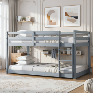 Sunvega Twin over Twin Solid Wooden Bunk Bed with Ladder and Strengthened Slats