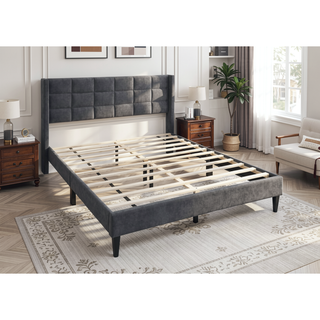 Sunvega Modern Charcoal Brushed Linen Upholstered Queen Size Headboard Bedframe