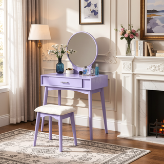 Sunvega Gold Modern Wood Vanity Set with Round Mirror and Matching Stool