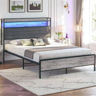 Sunvega Full Size Upholstered Platform Bed Frame with LED Lights and Charging Station