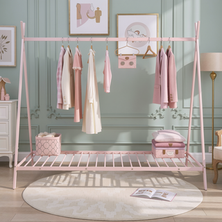 Sunvega Pink Twin Size Metal House Bed Frame with Slat Base for Kids