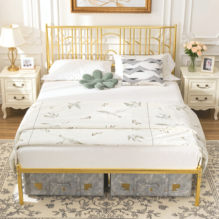 Sunvega Queen Size Metal Platform Bed Frame with Iron-Art Headboard and Under Bed Storage