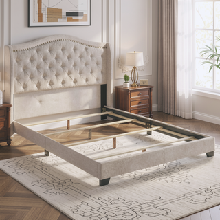 Sunvega Copper Beige Upholstered Queen Wingback Bed with Classic High Back Design