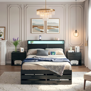 Sunvega Full Size Storage Bed Frame with LED Headboard Charging Station and 8 Drawers