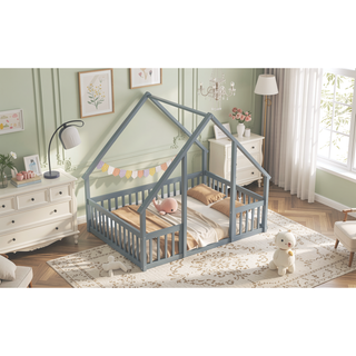 Sunvega Twin Wood House Floor Bed with Guardrail Fence in Grey
