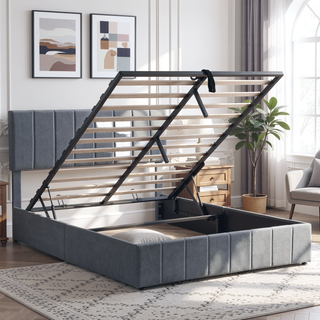 Sunvega Upholstered Platform Bed with Hydraulic Storage System in White Linen