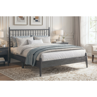 Sunvega Mid-Century Modern Design Full Platform Bed with Vertical Slats Headboard