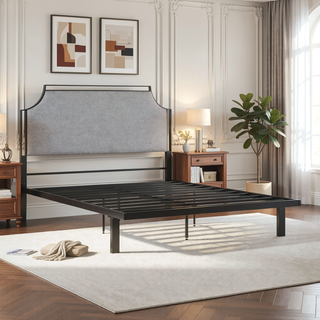 Sunvega Traditional Upholstered Metal Queen Bedframe with Fire Resistant Fabric