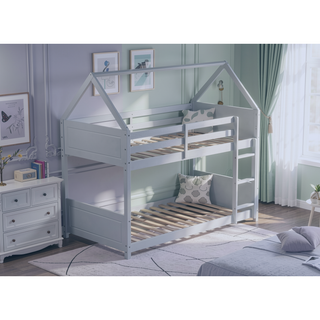 Sunvega Twin Over Twin Wooden House Bunk Bed with Headboards Footboards Guardrails Ladder