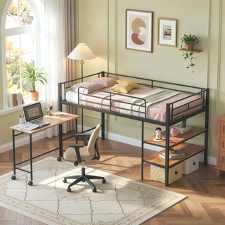 Sunvega Twin Size Metal Loft Bed with Desk, Shelves, and Full Guardrail