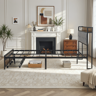 Sunvega King Bed Frame with Storage Headboard LED Lights and USB Charging Station