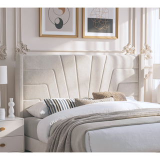 Sunvega Light Brown Queen Size Upholstered Burlap Fabric Headboard Platform Bed