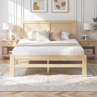 Sunvega Contemporary Natural Finish Full Size Platform Bed Frame with Headboard