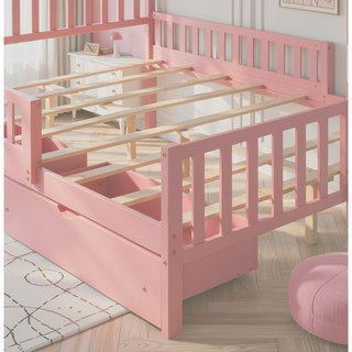 Sunvega Twin Size Walnut Wood Platform Bed with Guardrails and Two Storage Drawers