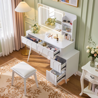 Sunvega Makeup Vanity Desk with LED Lights Mirror 4 Drawers Dressing Table Stool