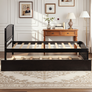 Sunvega White Twin Size Wood Platform Bed with Trundle for Maximized Space