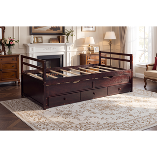 Sunvega Twin Size Pine Wood Bed with Headboard, Footboard, Trundle, and Three Storage Drawers