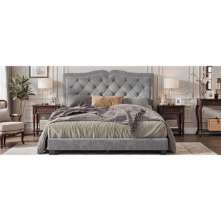 Sunvega Queen Size Upholstered Platform Bed with Tufted Velvet Headboard and Rivet Accents