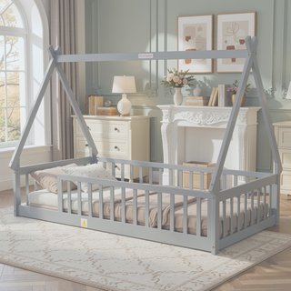 Sunvega Twin Tent Teepee Bed with Guardrails Slats in Grey