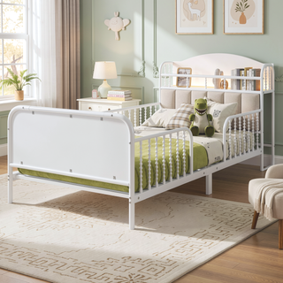 Sunvega Kids Full Metal Bed with Upholstered Headboard LED Lights and Storage
