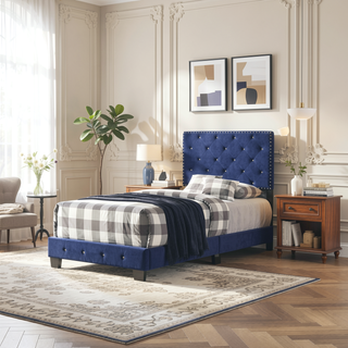 Sunvega Navy Blue Twin Bed Frame with Robust Durable Construction for Bedroom