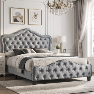 Sunvega Grey Velvet Upholstered Queen Panel Bed with Button Tufting and Chrome Nailheads