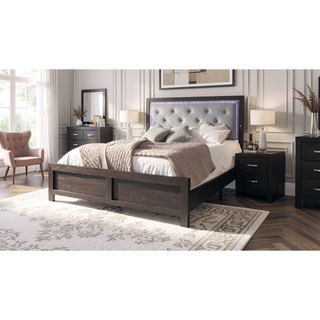 Sunvega Modern Beige Faux Leather Queen Panel Bed with Headboard Lighting