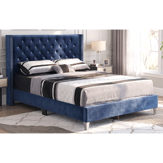 Sunvega Transitional Upholstered Bed in Navy Blue with Soft and Sturdy Materials