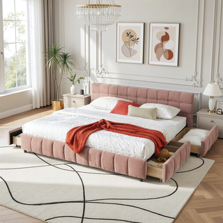 Sunvega Modern King Size Upholstered Bed with Storage Drawers and Soft Chenille Fabric