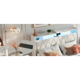 Sunvega Queen Bed Frame with Ergonomic Headboard Outlets Charger LED Light Storage