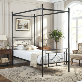 Sunvega Black Finish Twin Platform Bed Canopy Metal Frame Modern Traditional