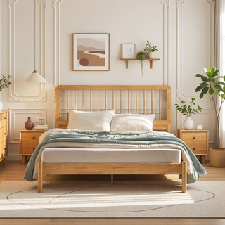 Sunvega Mid-Century Modern Solid Pine Wood Queen Spindle Bed with Slat-Back Design
