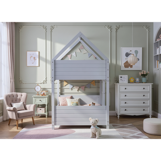 Sunvega Twin Over Twin House Floor Bunk Bed with Headboards Footboards Guardrails and Ladder
